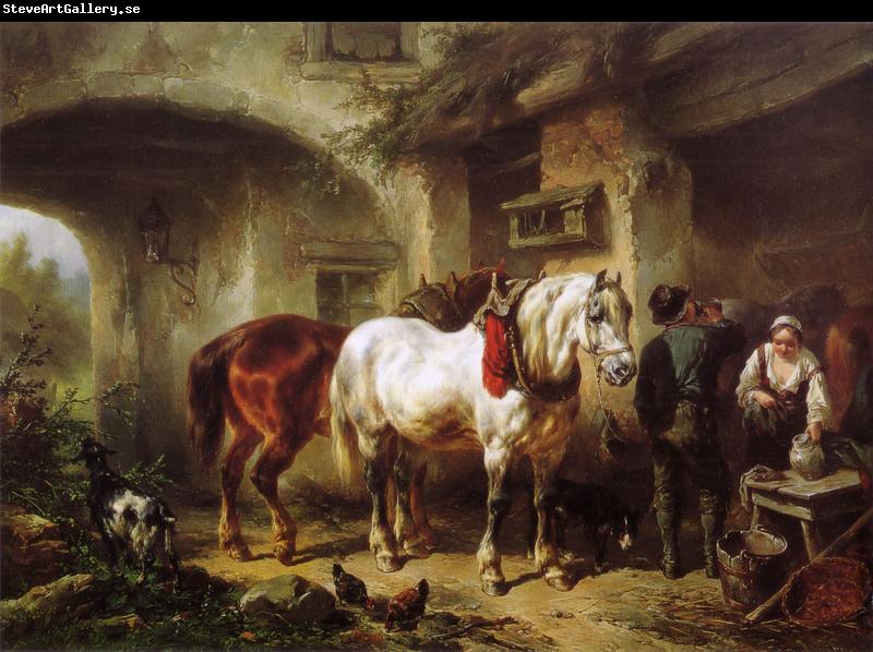 Wouterus Verschuur Horses and people in a courtyard